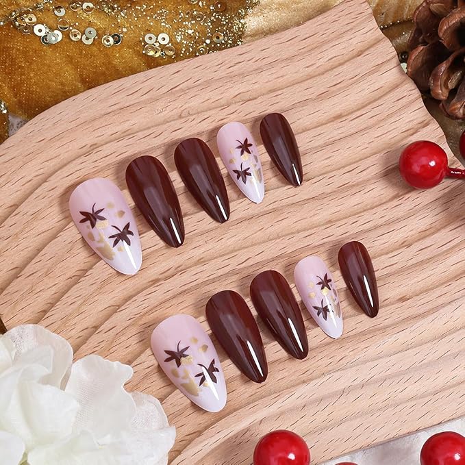 24Pcs Maple Leaf Press on Nails Short Fall Fake Nails Full Cover Brown Acrylic Nail Thanksgiving Press Ons Maple Leaves Glue on Nails Autumn False Nail Glossy Artificial Nail for Women DIY Manicure