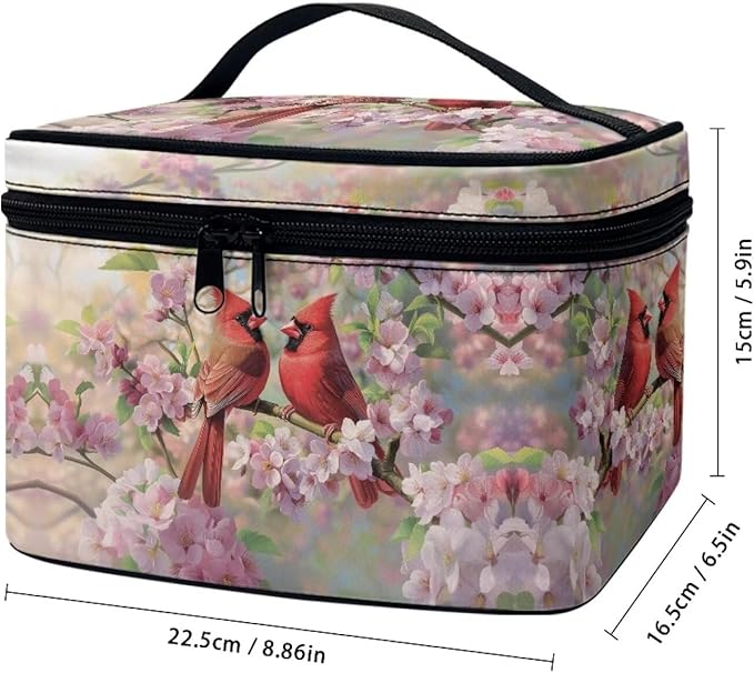 Cardinal Pink Cherry Blossom Print Travel Makeup Bags for Women Portable Tote Cosmetic Case with Carry Handle Toiletry Accessories Storage Organizer Bags