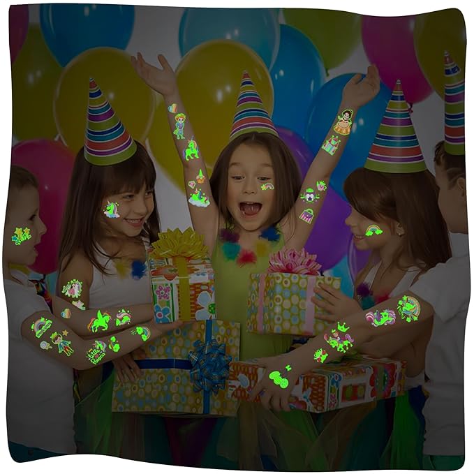 252+ PCS Glow Princess Temporary Tattoo for Kids, 36 Sheets Rainbow Castle Candy Star Prince Fake Tattoos Sticker for Girls Boys, Luminous Birthday Magic Fairy Theme Party Favors Decoration