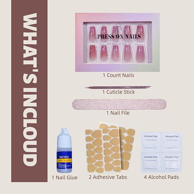 Mauve Pink Press On Nails Coffin Medium – 24pcs Cat Eye French Fake Nails with Nail Glue, Adhesive Tabs & Tools – Soft Fit Back, Durable Tip, Reusable Glossy Stick On Nails for Women
