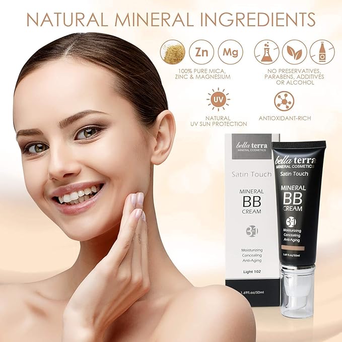 Bellaterra Cosmetics BB Cream – Tinted Moisturizer & Mineral Foundation Makeup, Light 102 – Lightweight, Oil-Free, Buildable Coverage, Matte Finish, Anti-Aging Concealer, Clean Beauty, 1.69 oz