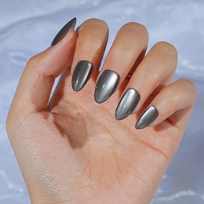 Grey Cat Eye Press on Nails Almond, Jofay Fashion Soft Gel Fake Nails Medium, Reusable & Stylish Acrylic False Nails, Stick on Nails for Women Girls Gift 32 Pcs