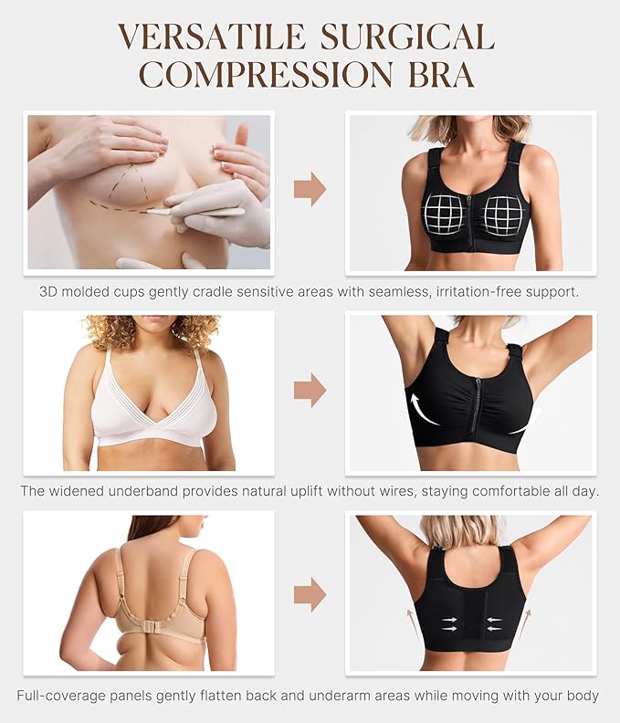 BRABIC Zip Front Closure Everyday Bra for Women Post Surgery Compression Support with Adjustable Straps Wirefree