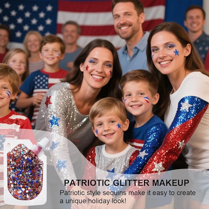 Holographic Face Glitter Gel Body Shimmer Makeup for for Hair, Face, Clavicle, Arm, Nail, Eyeshadow, Long Lasting Waterproof Mermaid Sequins Party Glitter for Rave Festival (USA Pride Body Glitter)