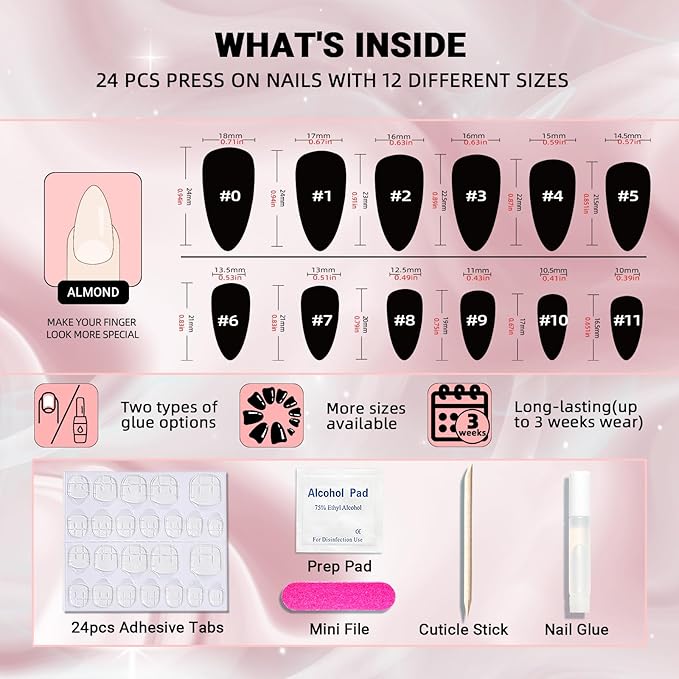 Wooyas Press on Nails Almond,Black Medium Glossy Handmade Gel False Nails,Reusable Salon Perfect Fake Nail Kit in 12 Sizes - 24 Pcs Soft Gel Glue On Nails Kit for Women Gift