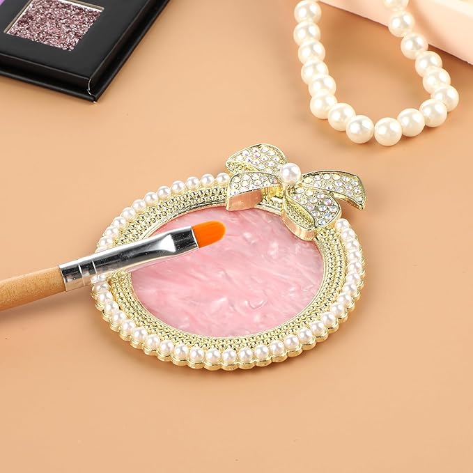 Resin Nail Art Palette, Nail Art Painting Mixed Color Palette Bow Decorated Nail Art Display Board with Pearls Nail Art Supplies Makeup Foundation Mixing Palette Manicure Tool