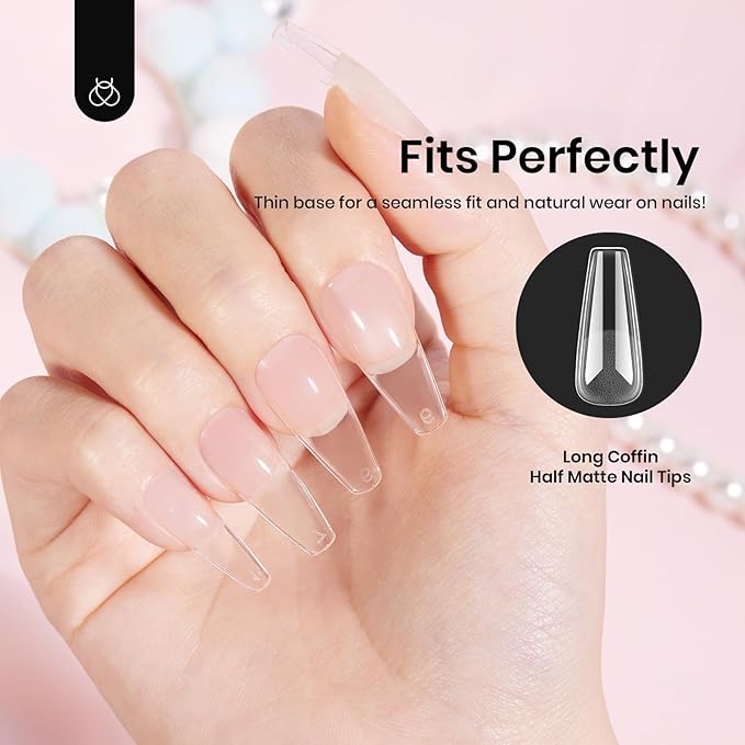 Beetles Coffin Long Gel Nail Tips –Pre-Etched Half Matte Full Cover, 288 Pieces, Pre-Shaped in 12 Sizes for Press-On Extensions