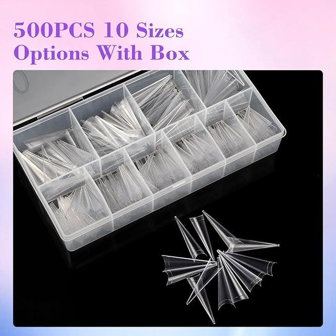 Clear Stiletto Nail Tips for Acrylic Nails, XXL Long Half Cover Stiletto False Nail Tips, Coffin Sharp Shape Acrylic Nail Tips Artificial Nails for Nail Extension DIY Nail Art Salon 500Pcs 10 Size Box