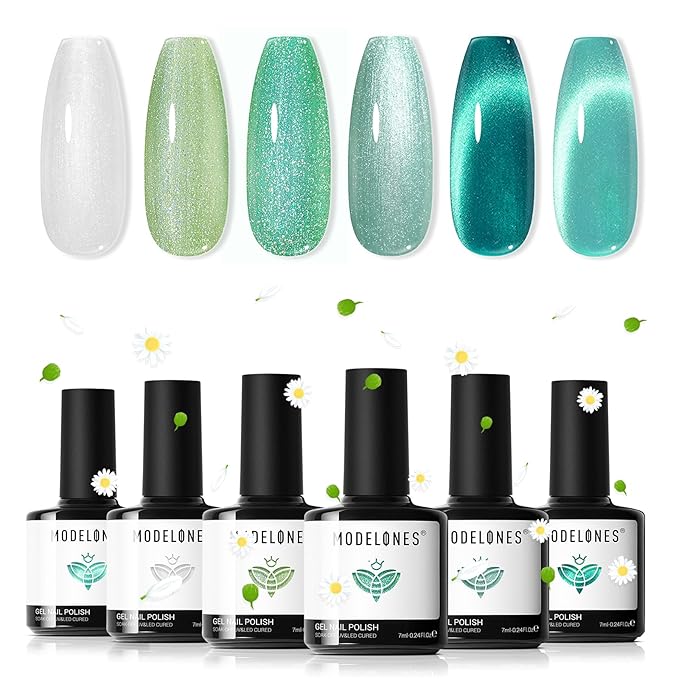 modelones Glitter Gel Nail Polish Set, 6 Colors White Green Lake Blue Pearl Shimmer 9D Cat Eye Gel Polish with Magnet Soak Off LED Nail Art Kit Salon DIY Home Gift