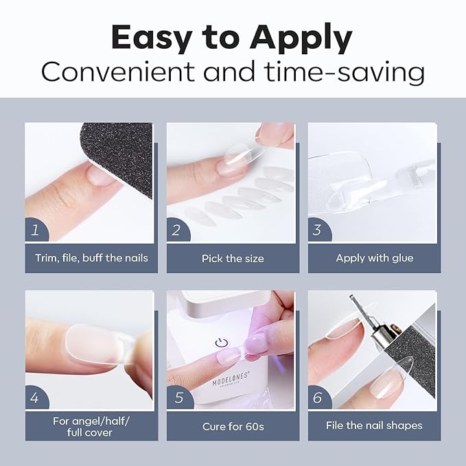 Modelones Almond Fake Nail Tips -510Pcs Medium Soft Gel Nail Tips Almond Shape Pre Etched Half Matte Full Cover Clear Acrylic Gel Kit False Press on for Extension Manicure Salon DIY at Home 15 Sizes