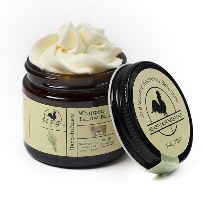 Hearth and Homestead: Handmade Whipped Tallow Balm (Unscented/Herb-Infused) - Organic Body Butter with Infused Olive Oil, for Eczema, Rosacea, Baby - 1.3 oz