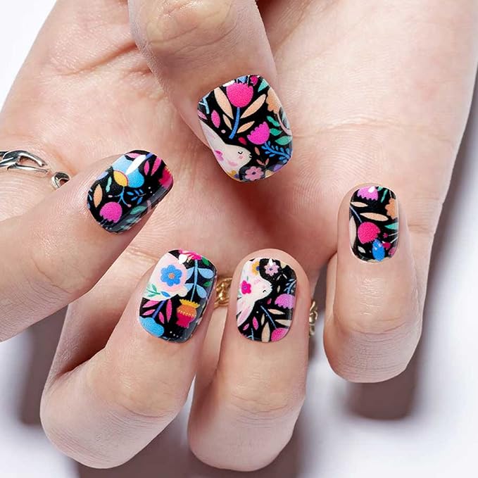 GLAMERMAID Extra Short Press on Nails 24PCS, Fall Black Rabbit in Flower Fall Gel Glue on Nails, Glossy Round Reusable UV Finish Fake Nails Acrylic False Nails Manicure Kits for Women