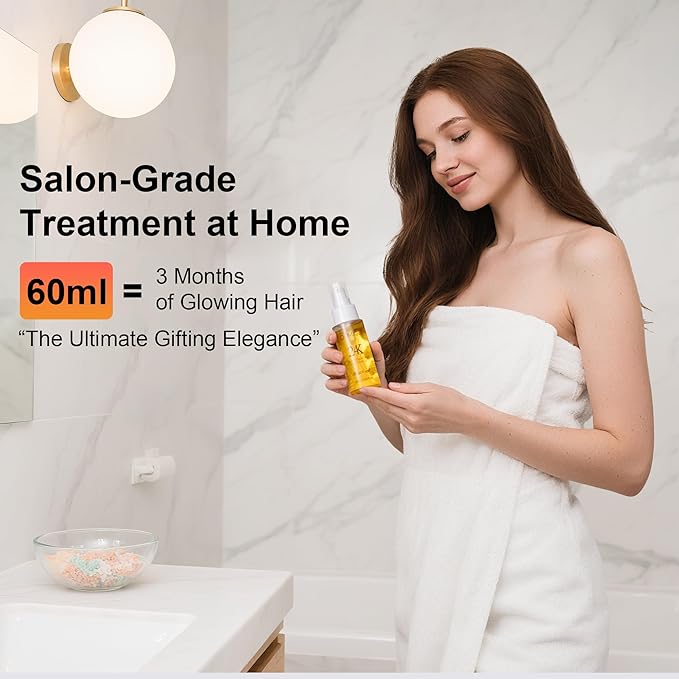 24K Gold Hair Oil, Repair Shine Serum with Coconut, Argan & Olive Oils - Heat Protectant and Frizz Control - Vegan, Lightweight Leave-In Treatment for Dry Damaged Hair (2.02 Fl Oz (Pack of 1))