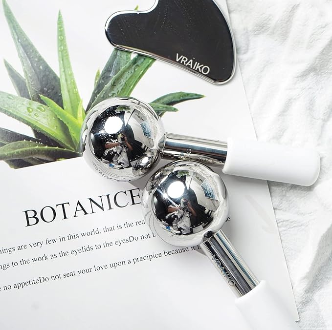 VRAIKO ICE Globes for Facials & Gua Sha Set, Gua Sha Facial Tools and Cryo Sticks with Unbreakable Steel, Face Massager Cooling Rollers for Dark Circles, Puffiness and Lymphatic Drainage (White)