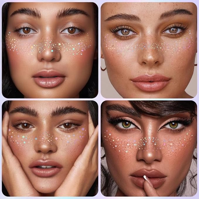 Glitter Freckles, Holographic Face and Body Glitter Tattoo Sparkle for Women Gold Glow Cosmetic Star Makeup Accessories for Festival Rave (Holographic&Gold)