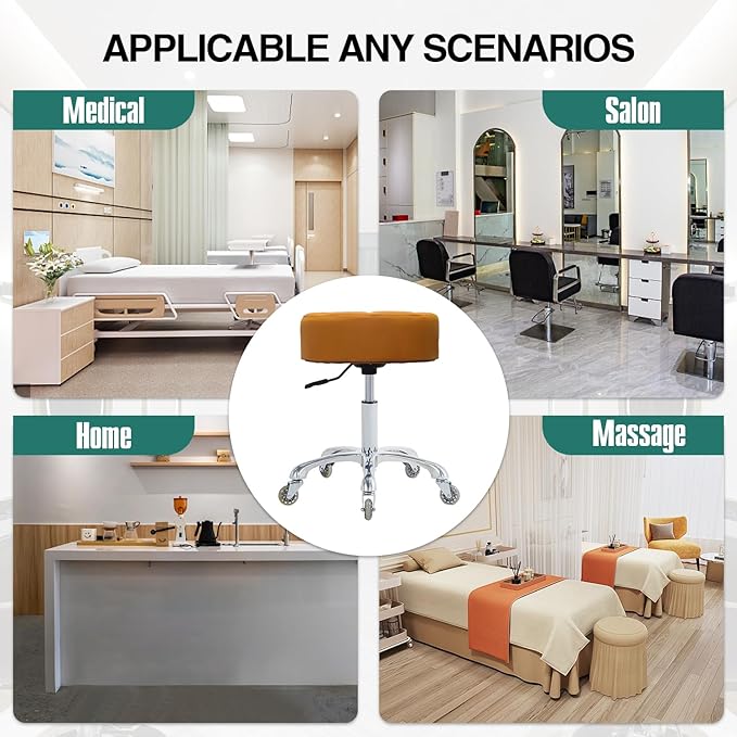 Rolling Stool with Wheels Adjustable Height, Roller Stool for Massage Medical Tattoo Spa Heavy Duty Swivel Desk (Super Thick Cushion, Camel)