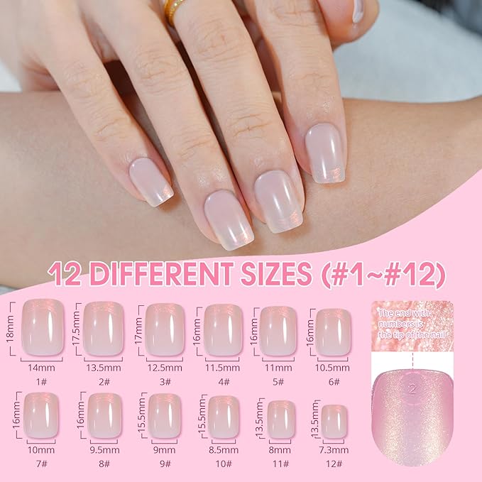 Jofay Fashion Chrome French Tip Press on Nails Short, Cat EyeSalon-Like Acrylic Fake Nails with Mermaid Pearl Chrome Gold Foil End Designs, Glossy & Natural Short Nails Press On