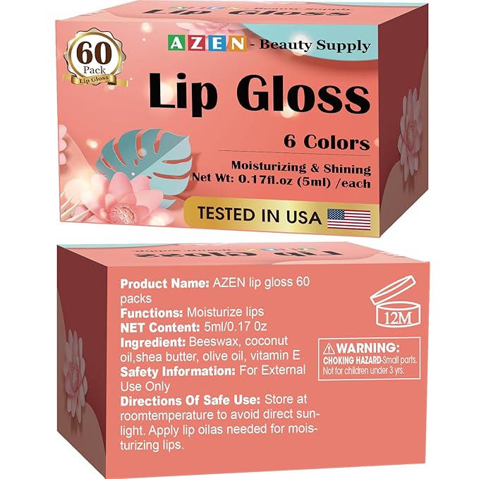 AZEN 60 Pack Lip Gloss Set, Color Lip Oil for Dry Cracked Lips Moisturizing Hydrating Nourishing with Vitamin E