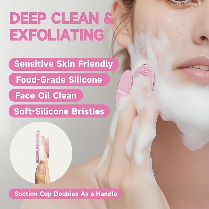 2 PCS Face Scrubber, Soft Silicone Face Exfoliator with Suction Cup for Man and Women Deep Skin Clean, Gentle Facial Cleaning Brush Suitable for All Sensitive Skin (Pink+Blue)