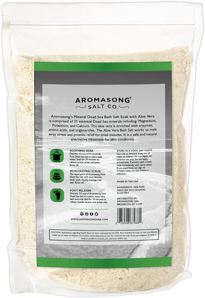 Aromasong 19 lbs RAW Dead Sea Salt with Organic Aloe Vera, not Cleaned, Still Contains All Dead sea Minerals Including Dead sea Mud, Fine Medium Grain Large resealable Bulk Pack - Packaging May Vary