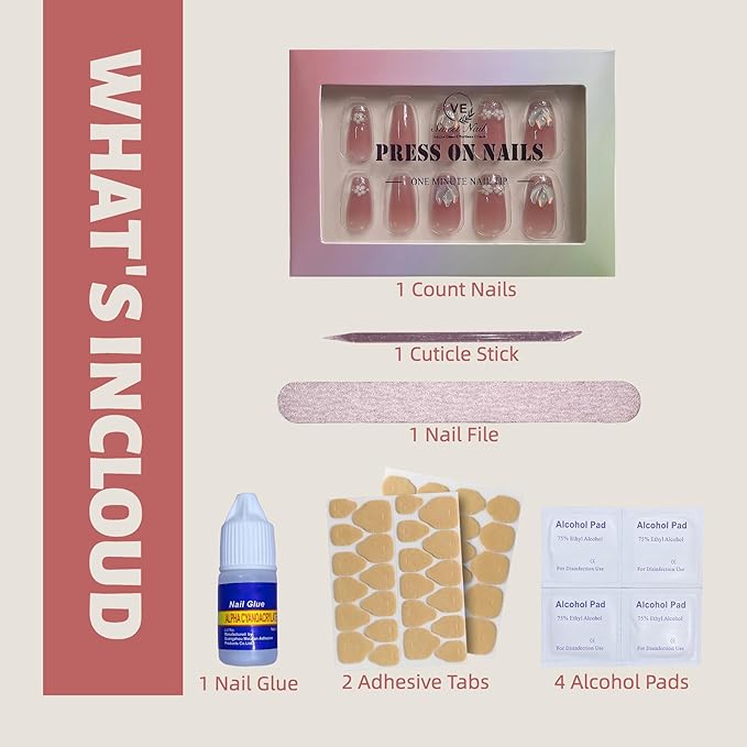 Tomato Red Press on Nails 3D Flower Coffin Fake Nails Medium Length False Nails Natural Fit Stick on Nail Tips for Spring and Summer