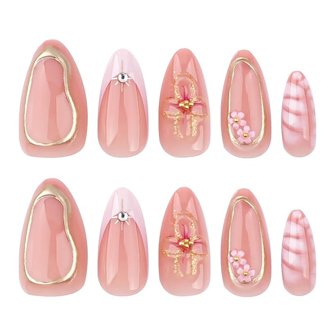 24Pcs Pink Press on Nails Medium Almond Fake Nails with 3D Gold Frame Flower Beads Rhinestones Design Spring Floral Butterfly Acrylic False Nails Pink French Tips Glue on Nails for Women