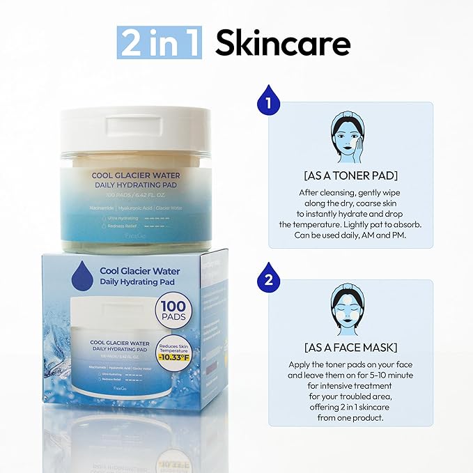 FreeGo Cool Glacier Water Daily Hydrating Pad (100 Pads), K-Beauty Facial Toner Pads for Puffy Dehydrated Skin, Instant Cooling Hydration