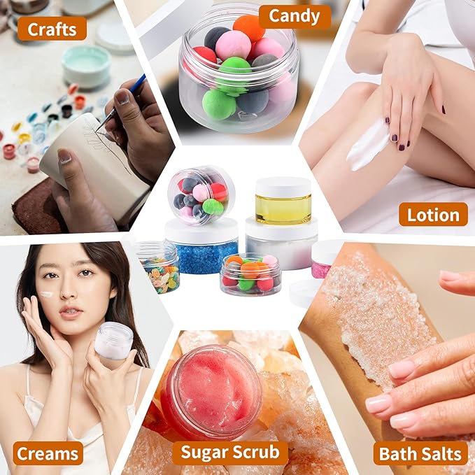 24 Pack 4 Oz Plastic Containers with white Lids, Clear Empty BPA Free and Refillable Cosmetic Jars Travel Containers for Creams, Lotion, Bath Salts, Sugar Scrub, Slime, Lip Scrub, Makeup