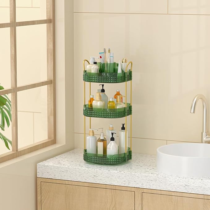 Rotating Makeup Organizer for Vanity 3 Tier, Perfume Organizer with Makeup Brush Holder, Large Capacity Cosmetics Clear Skincare Organizer for Countertop (Green)
