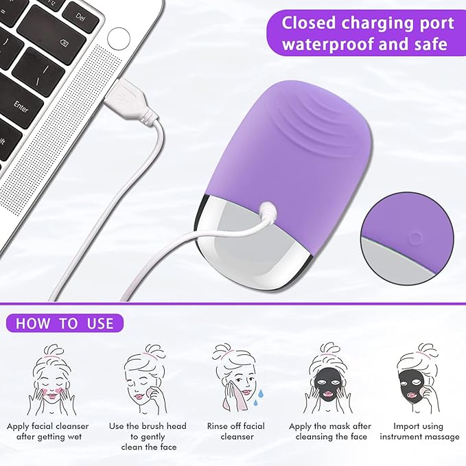 Facial Cleansing Brush, 3-in-1 Electric Silicone Face Scrubber, Vibrating Massager, IPX7 Waterproof, USB Rechargeble Pore Brush for Deep Cleanning, Blackhead Remover, Exfoliating (Purple)