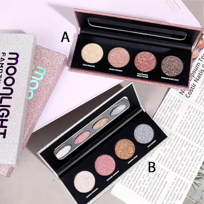 Shiny Highlight Eyeshadow Palette 4 Colors, Cosmetics Shimmer Palette, Cruelty-Free and Vegan Formula, Glitter Eyeshadow for Professional Makeup Kit (A#)