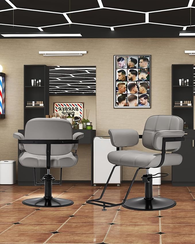 Barber Salon Chair, Extra Wide Hair Styling Chair with Heavy Duty Hydraulic Pump, 360° Swivel Height Adjustable Braiding Design, Luxury Beauty Salon and Barbershop Equipment, Grey