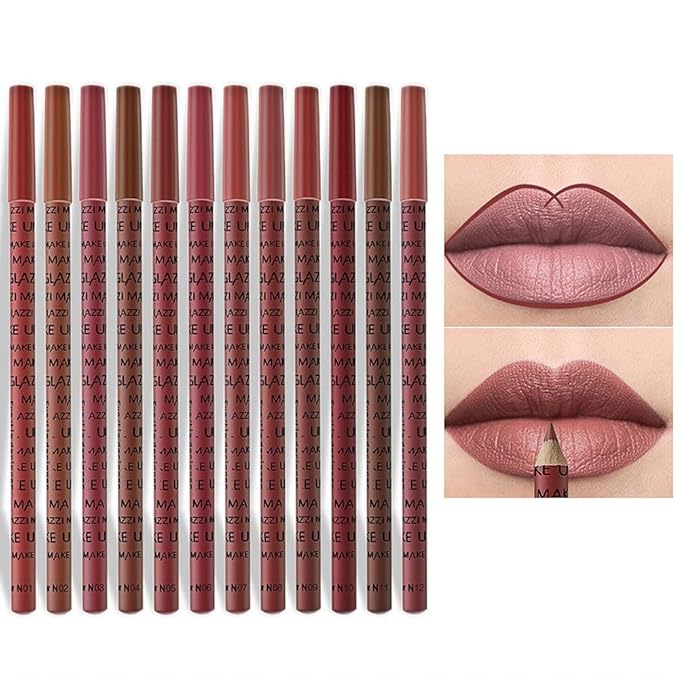 12 Pcs Colors Lip Liner Lipstick Pencils Set Pack for Shaping & Sculpting Lips,Natural Maroon Dark Red Nude Beige Chocolate Brown Plum Matte Pigmented Lipliners Crayon Lipstick