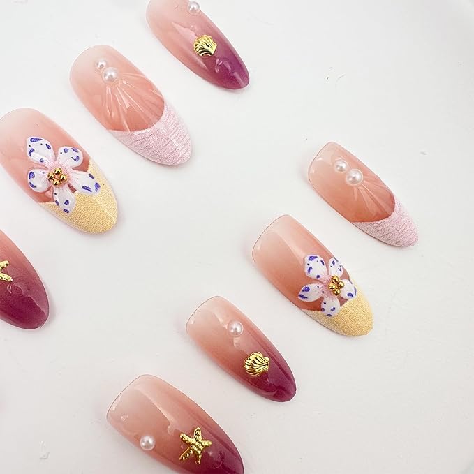30Pcs Purple Flower Press on Nails Medium Almond Fake Nails with 3D Gold Shell Pearl Design Pink French Tip Acrylic False Nails Water Drop Ombre Summer Full Cover Stick on Nails for Women