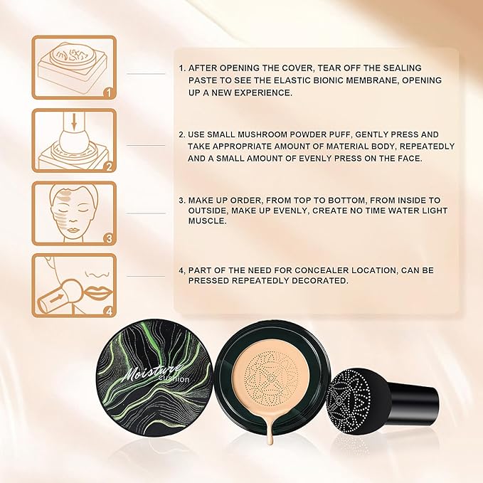 Air Cushion CC Cream Foundation - Mushroom Head BB Cream Face Makeup Moisturizing Concealer Brighten Long-Lasting, Even Skin Tone for All Skin Types (Dark Brown, 1 PCS)