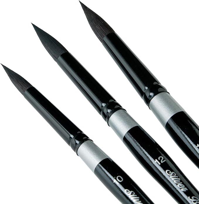 Silver Brush Limited BV-3056S Black Velvet Short Handle Large Round Brushes, Mixed Filament with Very Soft Tips, 3pc Professional Artist Painting Bundle for Watercolors, Gouache, Dyes & Silk Painting
