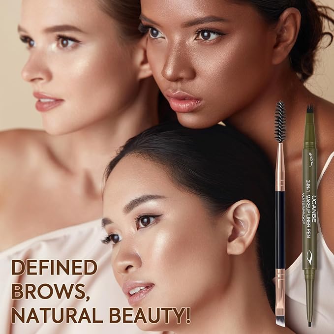 UCANBE Eyebrow Pencils for Women with Spoolie Brush, Dual-Ended Eyebrow Pen with 4-Fork-Tip & Gel Eyeliner, Microblading Brow Pen with Eyeliner Pencil + Brow Brush for Hair Like Brows, Dark Brown