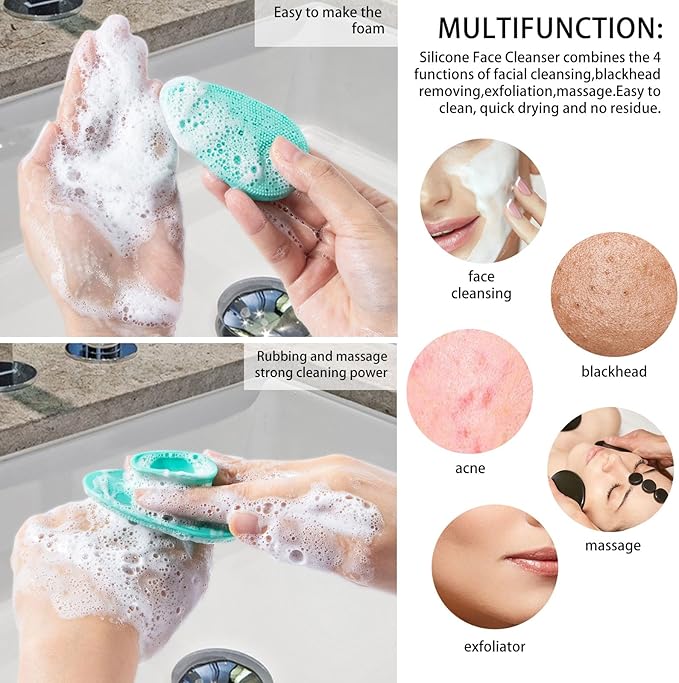 4 Pcs Silicone Face Scrubber, Beomeen Facial Cleansing Brush Soft Silicone Facial Exfoliation and Massage Brush Blackhead Scrubber for Men and Women (Green+ Blue+ Rose+ Pink)