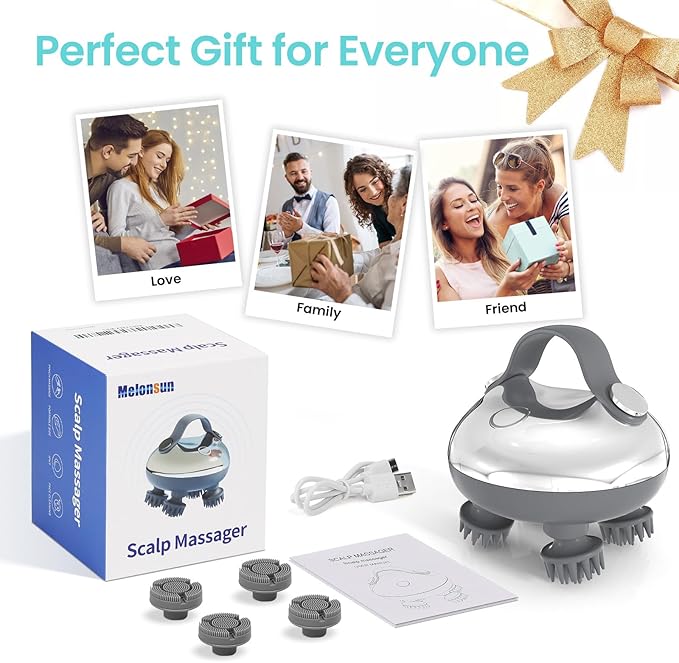 Portable Electric Scalp Massager - Rechargeable IPX7 Waterproof Heated Scalp Massager w/ 100 Kneading Nodes, 3 Speed Modes, 2 Massage Styles, 8 Claws for Scalp/Body Massage & Face Cleaning (Silver)