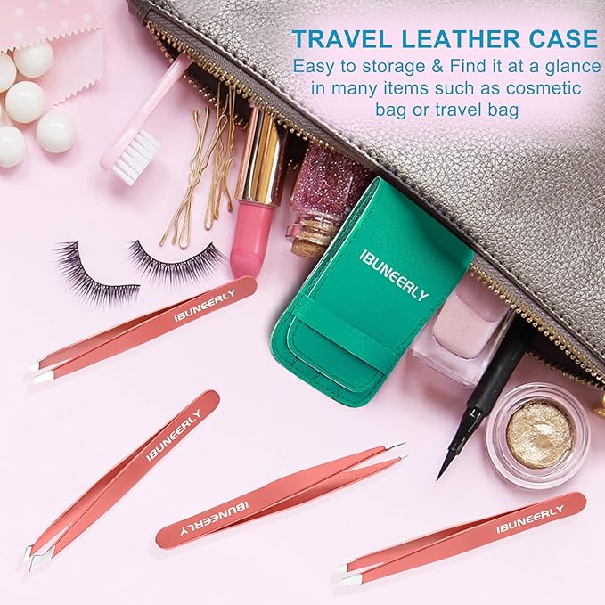 Eyebrows Tweezers Set, 4Pcs Stainless Steel Tweezers for Women with Travel Case, Great Precision for Ingrown Hair, Facial Hair and Splinter Removal