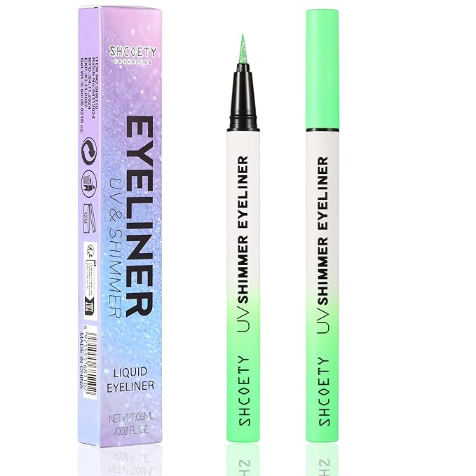 Metallic Neon Liquid Eyeliner, Glitter Neon Colored Eyeliners Pen, High Pigmented, Waterproof Smudge-Proof and Long-Lasting Metallic Eye Makeup for Halloween Christmas, Shimmer Green