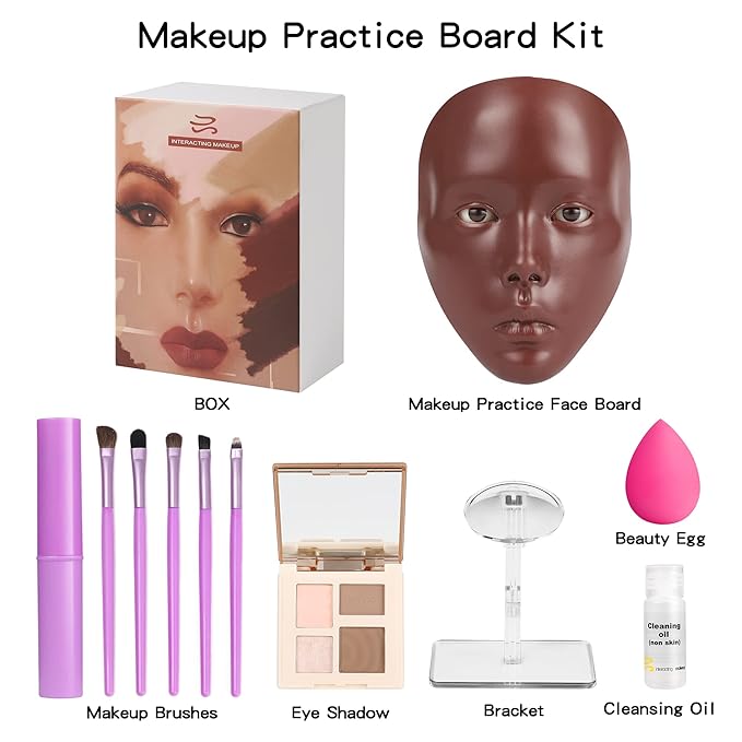 Makeup Practice Mannequin Face, 5d Reusable Silicone Makeup Practice Board Full Face with Makeup Brushes Sponge Set and Eyeshadow Board Makeup Kit for Emerging Makeup Artist, Girl's Gift