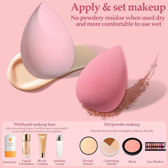 14 Pcs Makeup Sponge Set,Beauty Sponges Blender with 4 Pcs Powder Puff and 4 Pcs Mini Make up Sponges Valentine's Day,Mother's Day for Women Liquid,Foundation,Powder,Concealer,Cream(Pink)