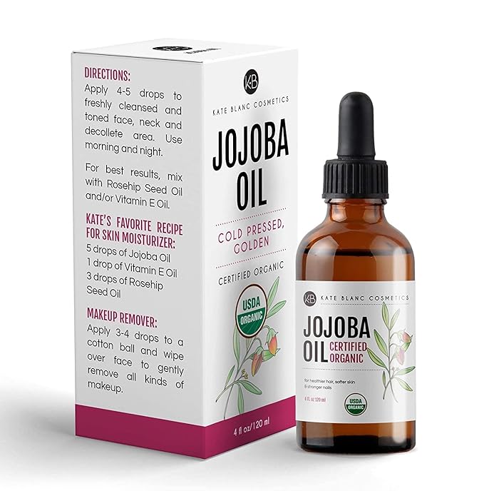 Kate Blanc Cosmetics Jojoba Oil for Softer Hair & Smoother Skin. Gua Sha Oil for Face & Dermaplaning (4oz, Organic, 100% Pure, Natural)