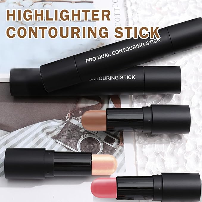 CAHIUYOA 6 Colors Cream Contour Kit with Bronzer and Highlighter Sticks, Beginner & Professional Makeup Set with Sponges and Multifunctional Brush