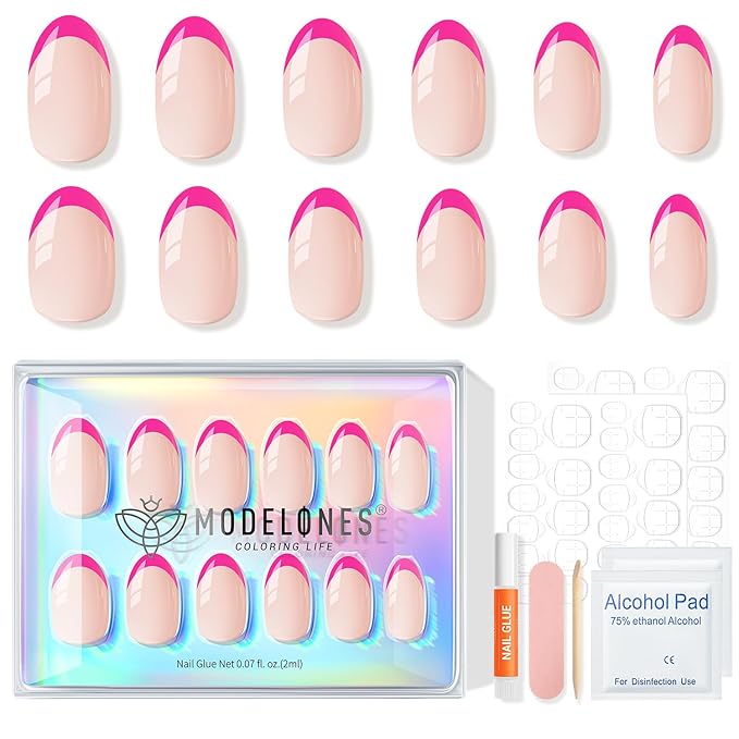 Modelones French Tip Press on Nails Short, Oval Fake Nails, Reusable Nail Kit with Nail Glue Adhesive Tabs Mini Nail File, Nails Press Ons 32Pcs 16Sizes, Women Girl Gift, Hot Pink