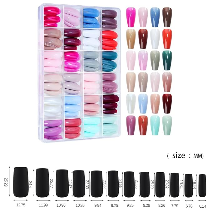 576 Pcs Press on Nails Medium Coffin Fake Nails Solid Color False Nails 24 Color Coffin Acrylic Nails Glue on Nails Reusable Artificial Nails Stick on Nails for Women Manicure