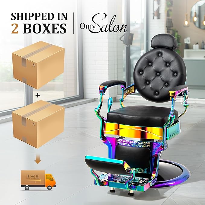 OmySalon Retro Barber Chair Heavy Duty, Aluminum Alloy Frame, Adjustable Headrest, Extra Wide Footrest, Hydraulic Salon Chair for Hair Stylist Reclining All Purpose for Beauty Spa Shampoo Styling