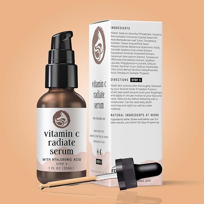Foxbrim Naturals Vitamin C Face Serum 1oz – Stable Formula with Botanical Hyaluronic & Organic Jojoba for Dark Spots, Radiance, Hydration & Even Tone – Vegan Clean Beauty for Sensitive Skin, USA-Made