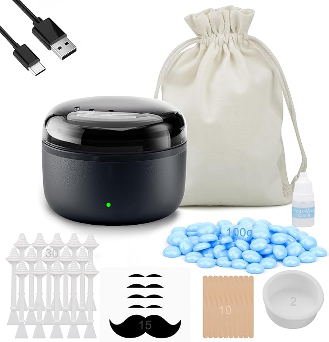 Nose Wax Kit - Travel Wax Warmer for Hair Removal with 100g Waxs, 15 Applicators, 30 Nose Hair Sticks 2 Silicone Pots, 1 Bag Constant Temperature, 15-20 Times Black - Round | Black | Mini